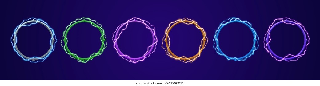 Ui circle border for profile avatar in game with electricity lightning effect. Neon thunderbolt frame set vector isolated. Different fantasy interface elements for user wreath. Winner ring design.