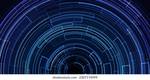 UI Circular HUD Screen Tech System Innovation Concept Background. Abstract Hi-Tech Circular Pattern Vector Backdrop. Round Colorful Arcs. Moving Circles Vector Illustration. Radial Speed Lines.