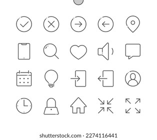 Ui collection. Approve, cancel, minimize, arrow, location, phone and other. Pixфel Perfect Vector Thin Line Icons. Simple Minimal Pictogram