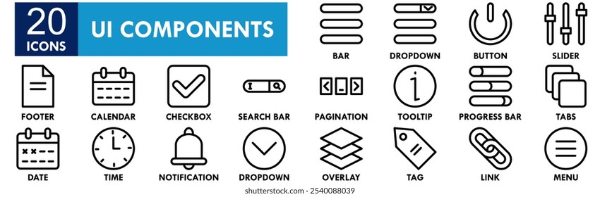 Conjunto de coleta de ícones dos Componentes de UI. Contendo interface de design, vetor, modelo, interface de usuário, botão, definir, usuário, aplicativo