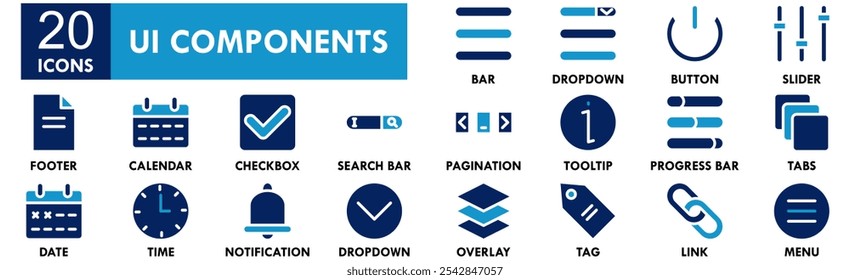 Conjunto de coleta de ícones dos Componentes de UI. Contendo interface de design, vetor, modelo, interface de usuário, botão, definir, usuário, aplicativo