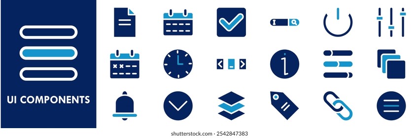 Conjunto de coleta de ícones dos Componentes de UI. Contendo interface de design, vetor, modelo, interface de usuário, botão, definir, usuário, aplicativo
