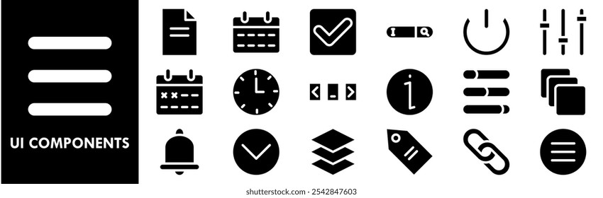 Conjunto de coleta de ícones dos Componentes de UI. Contendo interface de design, vetor, modelo, interface de usuário, botão, definir, usuário, aplicativo