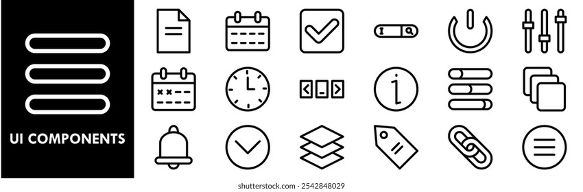 Conjunto de coleta de ícones dos Componentes de UI. Contendo interface de design, vetor, modelo, interface de usuário, botão, definir, usuário, aplicativo