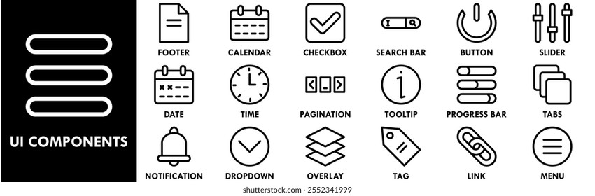 Conjunto de coleta de ícones dos Componentes de UI. Contendo interface de design, vetor, modelo, interface de usuário, botão, definir, usuário, aplicativo