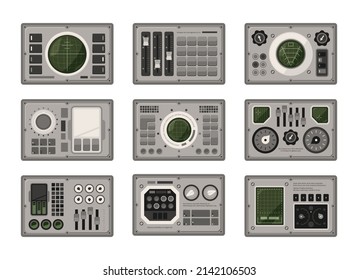 Ui Controlling Board. Digitales Dashboard für das Raumschiff-Controlling zeigt Umlauftasten an, die Vektorgrafik-Schnittstellenkarten beschränken