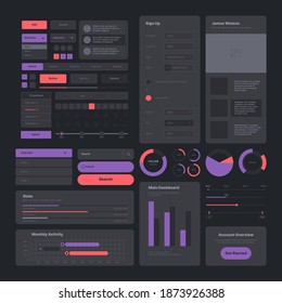 Ui dark. Web design pages layout user icons buttons dividers navigate tools infographic modern garish vector collection