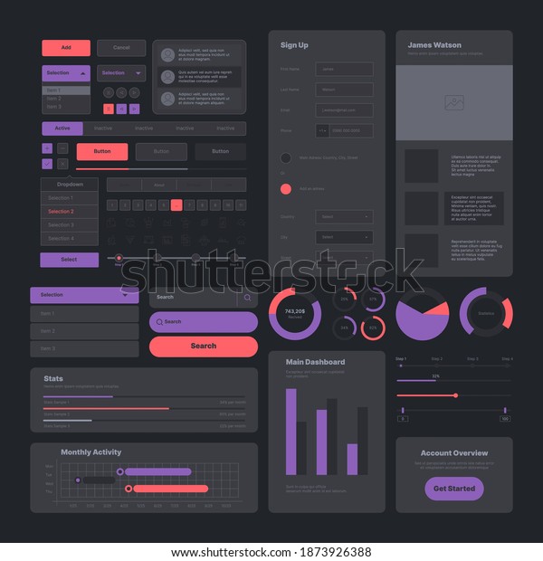 Ui\
dark. Web design pages layout user icons buttons dividers navigate\
tools infographic modern garish vector\
collection
