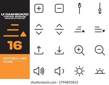 UI dashboard control increase decrease icon set representing interface analytics system controls and business performance visualization tools.