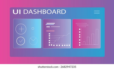 Um painel de UI exibe gráficos, gráficos e ícones em uma interface limpa, definida em um plano de fundo de gradiente roxo e rosa.