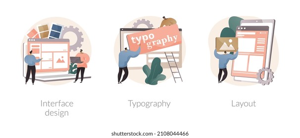 UI design abstract concept vector illustration set. Interface design, typography and layout, visual element, website and application, responsive webpage, usability test, browser abstract metaphor.