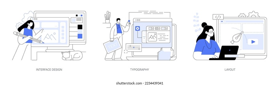 UI design abstract concept vector illustration set. Interface design, typography and layout, visual element, website and application, responsive webpage, usability test, browser abstract metaphor.