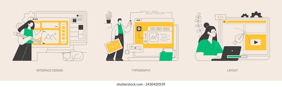 UI design abstract concept vector illustration set. Interface design, typography and layout, visual element, website and application, responsive webpage, usability test, browser abstract metaphor.