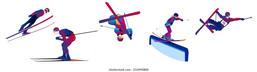 UI design of an abstract man ski jumping on a blue background. 