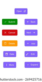 UI design with buttons featuring actions like submit, cancel, edit, and expand. Different color coding