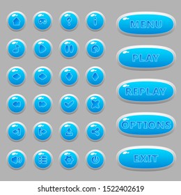 UI design. Buttons for the design of the interface and menu of mobile and PC games and applications (menu, home, entry, exit, user, play, replay, pause, rewind, options, settings, sound).