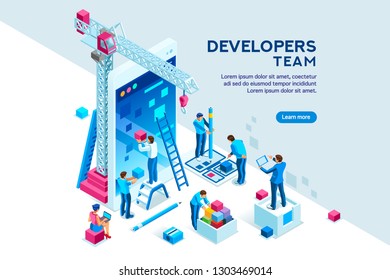 UI design concept with character and text for designer. Device content place infographic. Software group, kit for phone seo programming. UX, digital hero creative flat isometric vector illustration.