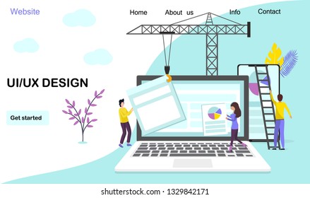 UI design concept with character and text for designer. Device content place infographic. Software group, UX/UI design, workflow, development process.  It can be used for landing page, website