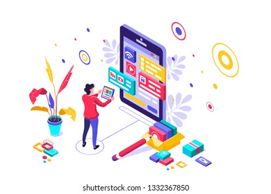 UI design concept with character and text for designer. Device content place infographic. Software group, kit for phone seo programming. UX, digital hero creative flat isometric vector illustration