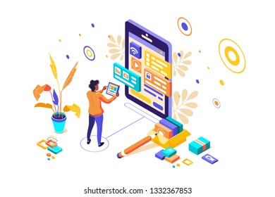 UI design concept with character and text for designer. Device content place infographic. Software group, kit for phone seo programming. UX, digital hero creative flat isometric vector illustration