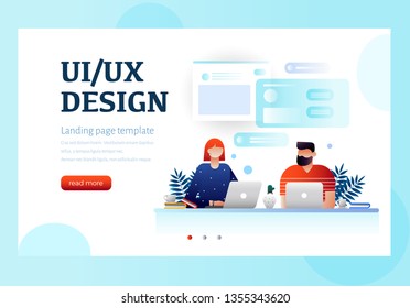 UI design concept with character and text for designer. Device content place infographic. Software group, UX/UI design, workflow, development process. Hero image. Vector illustration. Landing page