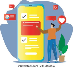 UI design concept with character and text for designer. Device content place infographic. Software group, UX UI design, workflow, development process. Hero image. Vector illustration. Landing page