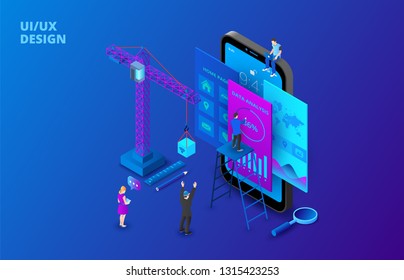 UI design concept with smartphone, crane and people. Isometric vector illustration. Landing page template for web.