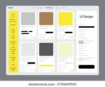 UI Design Dashboard with Card Layout and Sidebar Navigation Flat Vector
