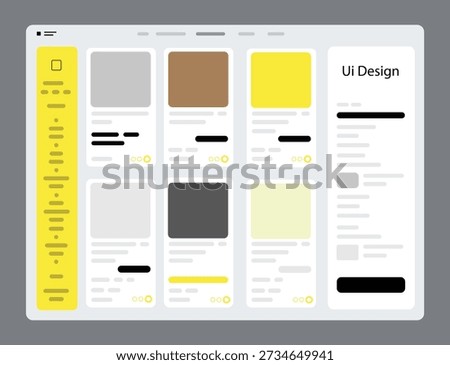 UI Design Dashboard with Card Layout and Sidebar Navigation Flat Vector