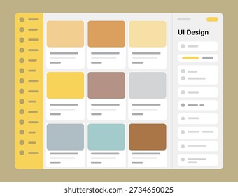 UI Design Dashboard Layout with Card Grid and Sidebar Flat Vector Illustration