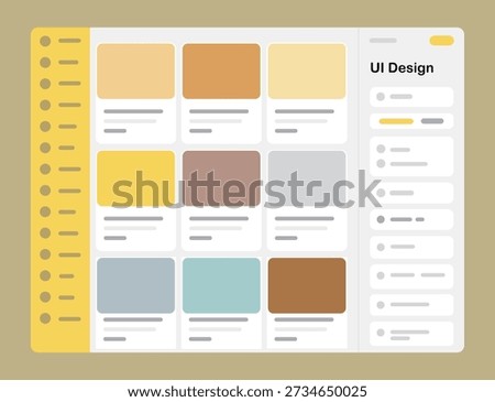 UI Design Dashboard Layout with Card Grid and Sidebar Flat Vector Illustration