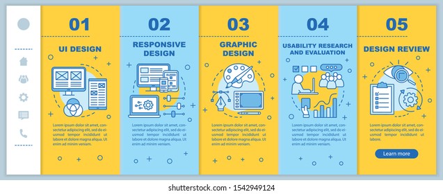 UI design development onboarding mobile web pages vector template. Responsive smartphone website interface idea with linear illustrations. Webpage walkthrough step screens. Color concept