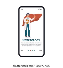 UI design with doctor in white coat and glasses points at liver - flat vector illustration. Hepatitis prevention, examination and treatment. Website for medical clinic or hepatology department.