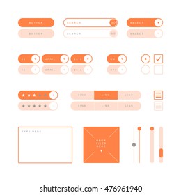 UI design elements vector. Button, search field, selector, checkbox, toggle, radio button, menu links, rating stars, text type field, drop files field, scroller etc.