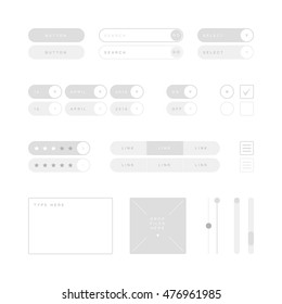 UI design elements vector. Button, search field, selector, checkbox, toggle, radio button, menu links, rating stars, text type field, drop files field, scroller etc.