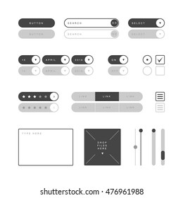 UI-Design-Elemente-Vektor. Button, Suchfeld, Auswahlfeld, Checkbox, Umschalt, Optionsfeld, Menülinks, Sternchen, Texttyp Feld, Feld für die Drop-Dateien, Bildwalze usw.