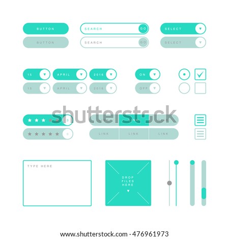 UI design elements vector. Button, search field, selector, checkbox, toggle, radio button, menu links, rating stars, text type field, drop files field, scroller etc.