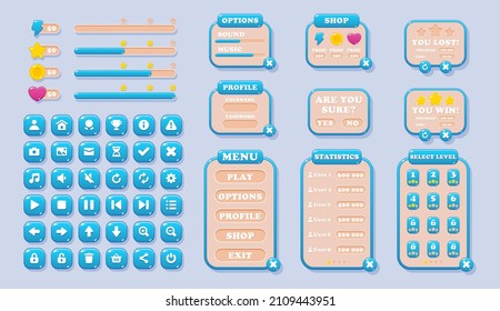 Diseño de interfaz de usuario para juegos y aplicaciones. Elementos de la interfaz azul: ventanas, barra de progreso, botones con iconos.