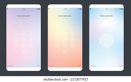 Ui design interface Screen lock on mobile phone. Unlock password at home page of smartphone. Slide touch, number passcode and fingerprint. 