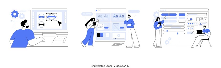 UI design isolated cartoon vector illustrations set. Professional designer create branding concept, IT worker give a style guide to customer, user interface kit presentation vector cartoon.