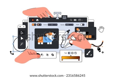 Ui Design Layout illustration with Hands. Tools for professional Digital Art in Vector Graphics Editing. Big Designer Dashboard
