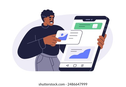 UI design for mobile app. Smartphone application on phone screen. Designer arranging content, creating digital user interface, editing online. Flat vector illustration isolated on white background