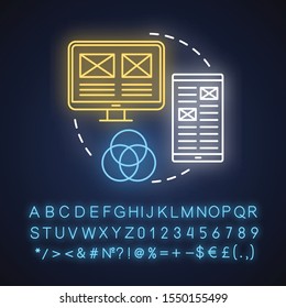 UI design neon light concept icon. Software graphic interface development idea. Designing creative mobile app visuals. Glowing sign with alphabet, numbers and symbols. Vector isolated illustration