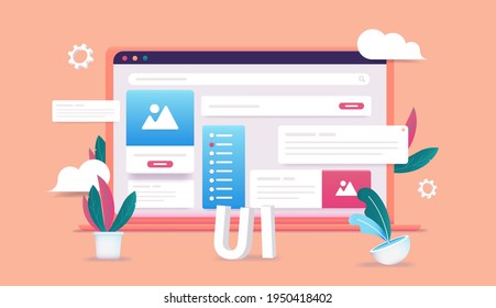 UI design profession concept- Laptop computer with screen full of user interface elements. Web design and layout concept in editable 3d vector illustration.