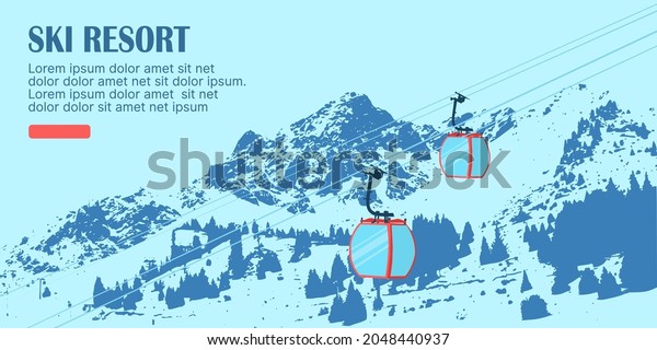 UI design of ski\
resort. Homepage design of a cable car, moving in the twilight sky\
in the mountains. vector