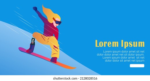 UI design template of women doing sports exercises on a snowboard. Vector graphic illustration. Para snowboard