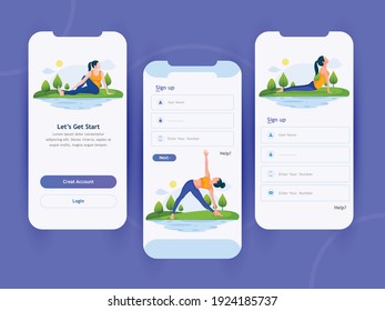 Diseño de interfaz de usuario para plantilla de la escuela de yoga, Studio. Concepto moderno de diseño plano del diseño de páginas web para sitio web y sitio web móvil. La mujer hace ejercicio de yoga, pose de yoga.