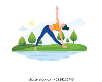 UI design for template of Yoga School, Studio. Modern flat design concept of web page design for website and mobile website. Woman does yoga exercise, yoga pose.