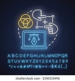 UI design tools neon light concept icon. Software interface development idea. Designing mobile app visuals. Glowing sign with alphabet, numbers and symbols. Vector isolated illustration