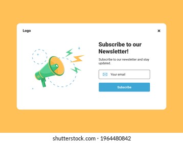 Plantilla de banner del sitio web de diseño de la interfaz de usuario para marketing de correo electrónico con megáfono para suscribirse al boletín